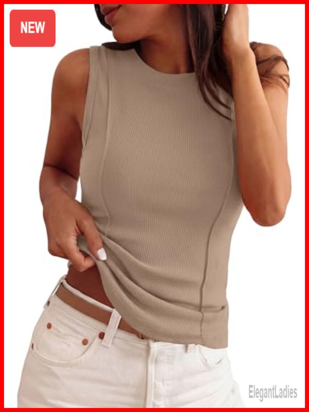 Ribbed Sleeveless Crew Neck Tank Top Stretch Summer Casual Womens